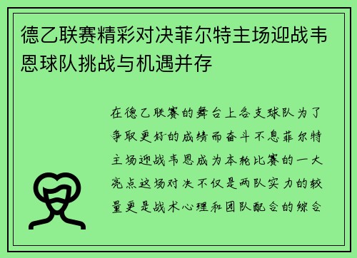 德乙联赛精彩对决菲尔特主场迎战韦恩球队挑战与机遇并存